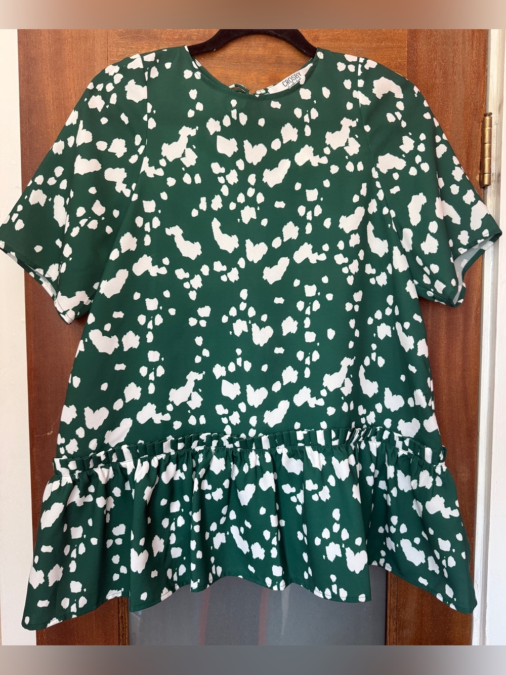 CROSBY by Mollie Burch Green White Splotches Peplum Flare Ruffles SS NWOT-sm